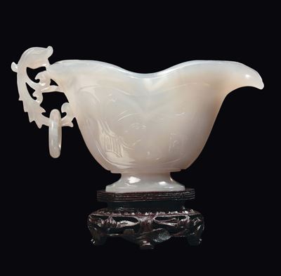 Salsiera in Agata Bianca con Manico Decorato, Cina, Dinastia Qing, XIX Secolo