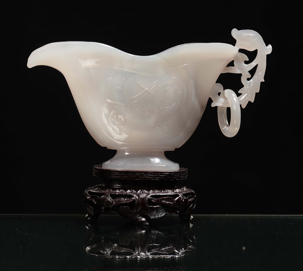 Salsiera in Agata Bianca con Manico Decorato, Cina, Dinastia Qing, XIX Secolo