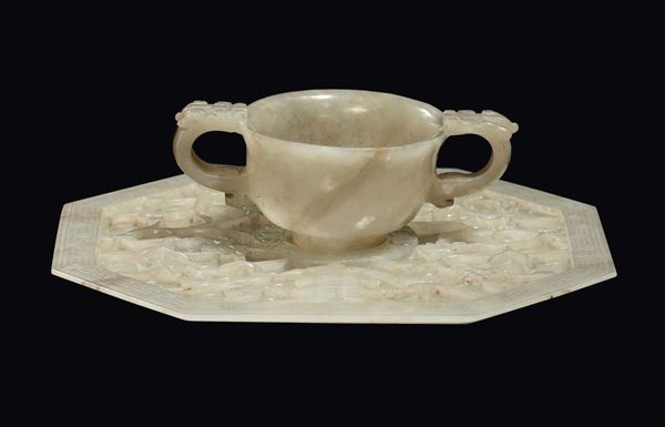 A small carved Celadon jade Mogul dish and cup, China, Qing Dynasty, Qianlong period (1736-1796)