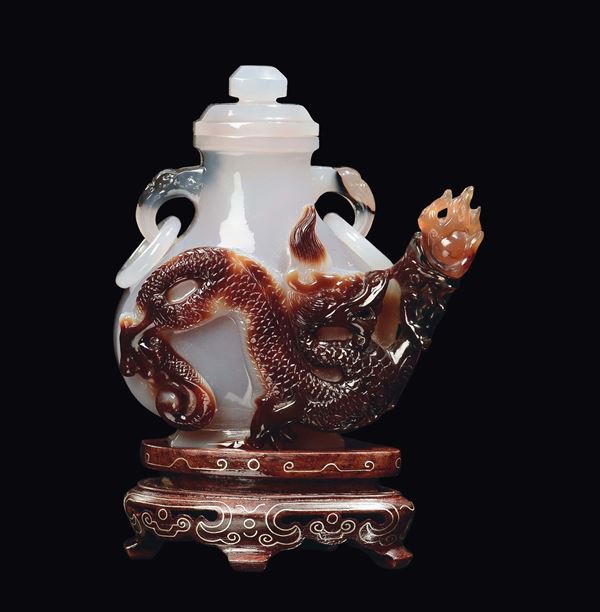 A small white agate vase and cover and brown agate dragon , China, Republic, 20th century