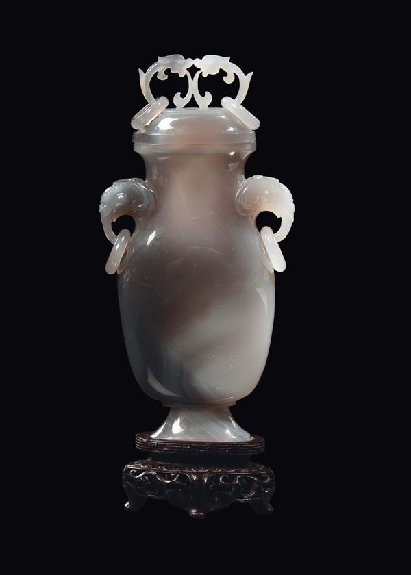 An agate vase and cover with rings and handles in the shape of elephant heads, China, Republic, 20th century