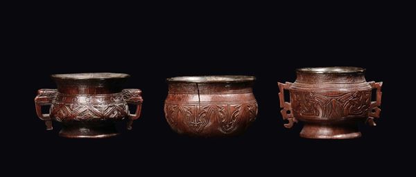 Three carved bamboo cups with archaic decoration, China, Qing Dynasty, 19th century