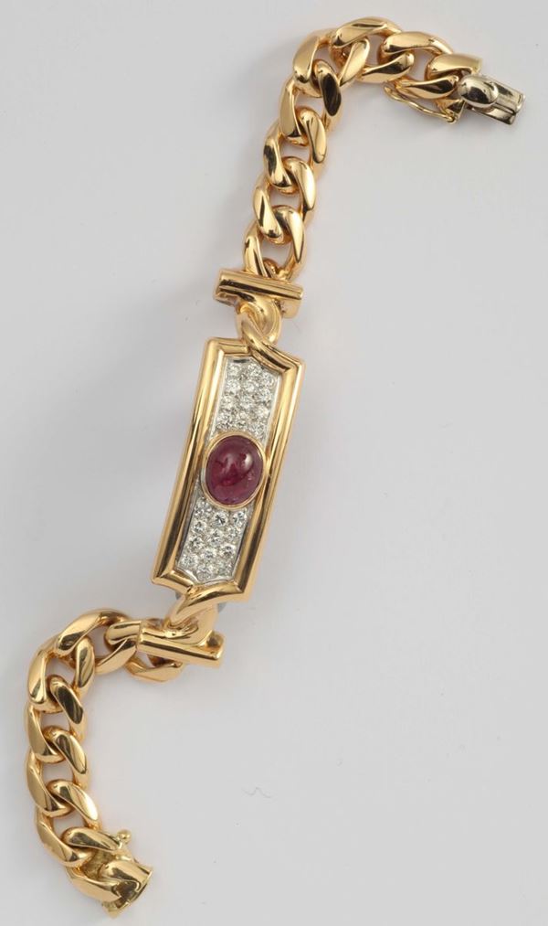 A cabochon ruby and diamond bracelet. Signed Bulgari