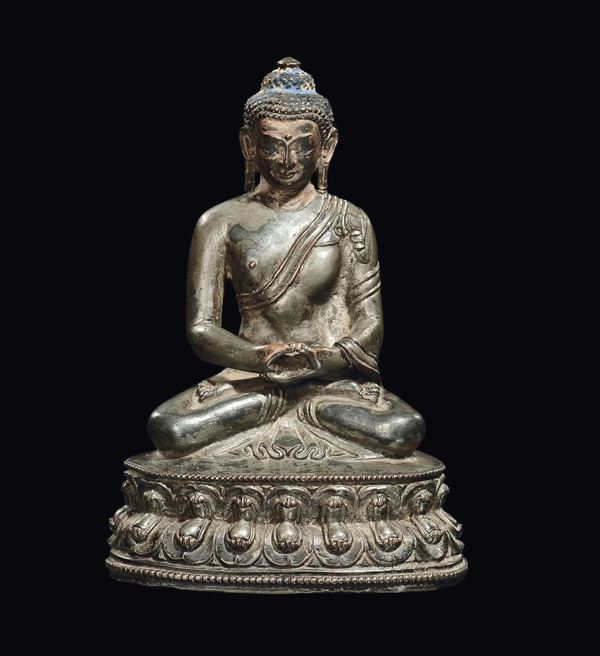 A silvered bronze Sakyamuni, China, Ming Dynasty, 16th century