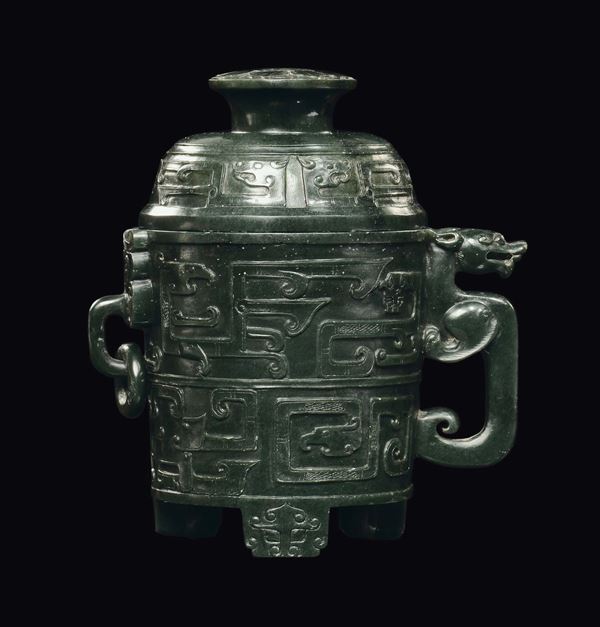 A spinach green jade incense burner and cover with archaic decoration, China, Qing Dynasty, early 19th century
