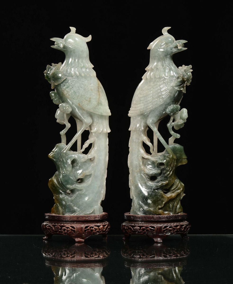 Coppia di Pappagalli in Giadeite Bianca e Verde Mela, Cina, Dinastia Qing, Fine XIX Secolo