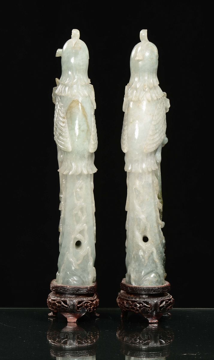 Coppia di Pappagalli in Giadeite Bianca e Verde Mela, Cina, Dinastia Qing, Fine XIX Secolo