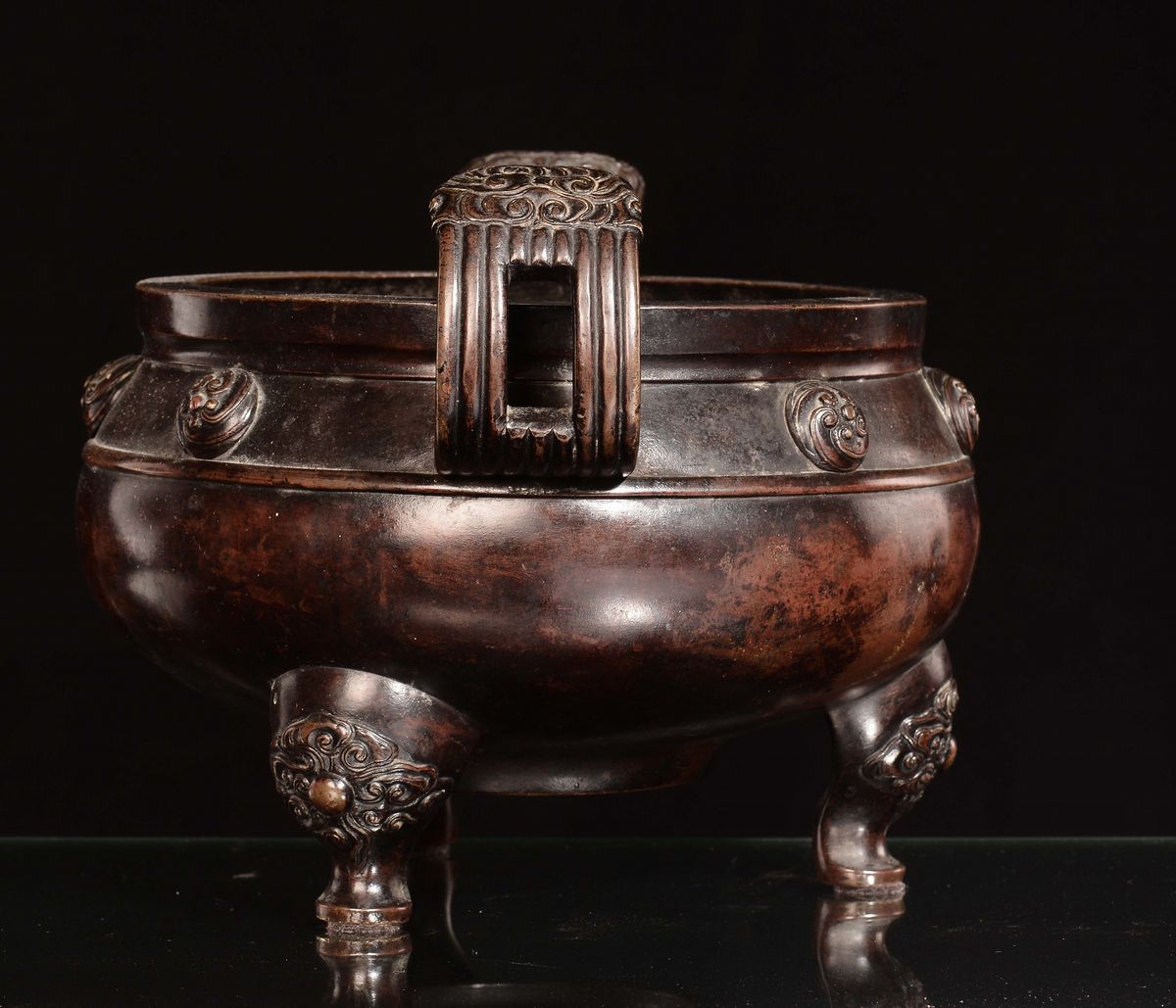Rarissimo Incensiere in Bronzo Inciso a Due Manici, Cina, Dinastia Qing, Epoca Kangxi (1662-1722)