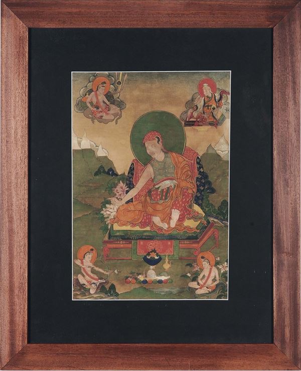 Tanka su fondo verde raffigurante adorazione di cinque divinità, Tibet, XVIII secolo