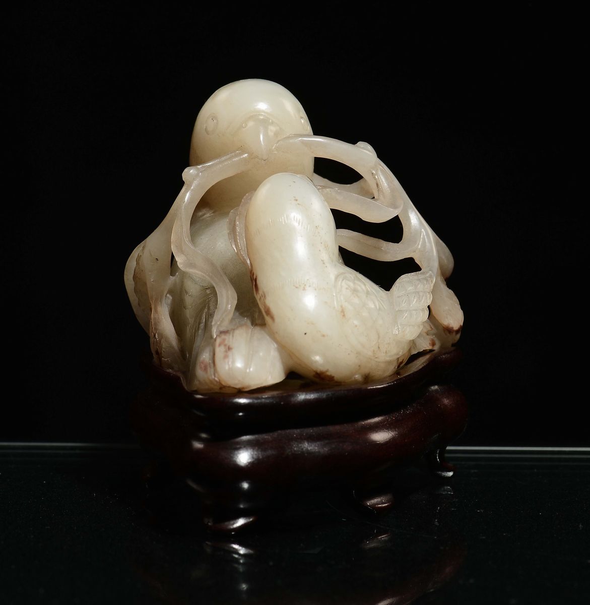 Uccellini Finemente Scolpiti in Giada Bianca con Russet, Cina, Dinastia Qing, Epoca Qianlong (173...