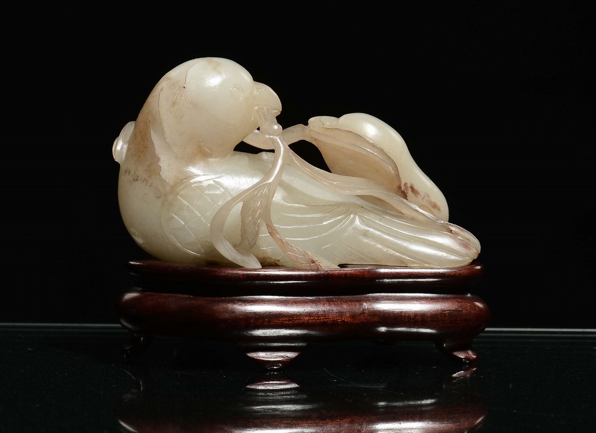 Uccellini Finemente Scolpiti in Giada Bianca con Russet, Cina, Dinastia Qing, Epoca Qianlong (173...