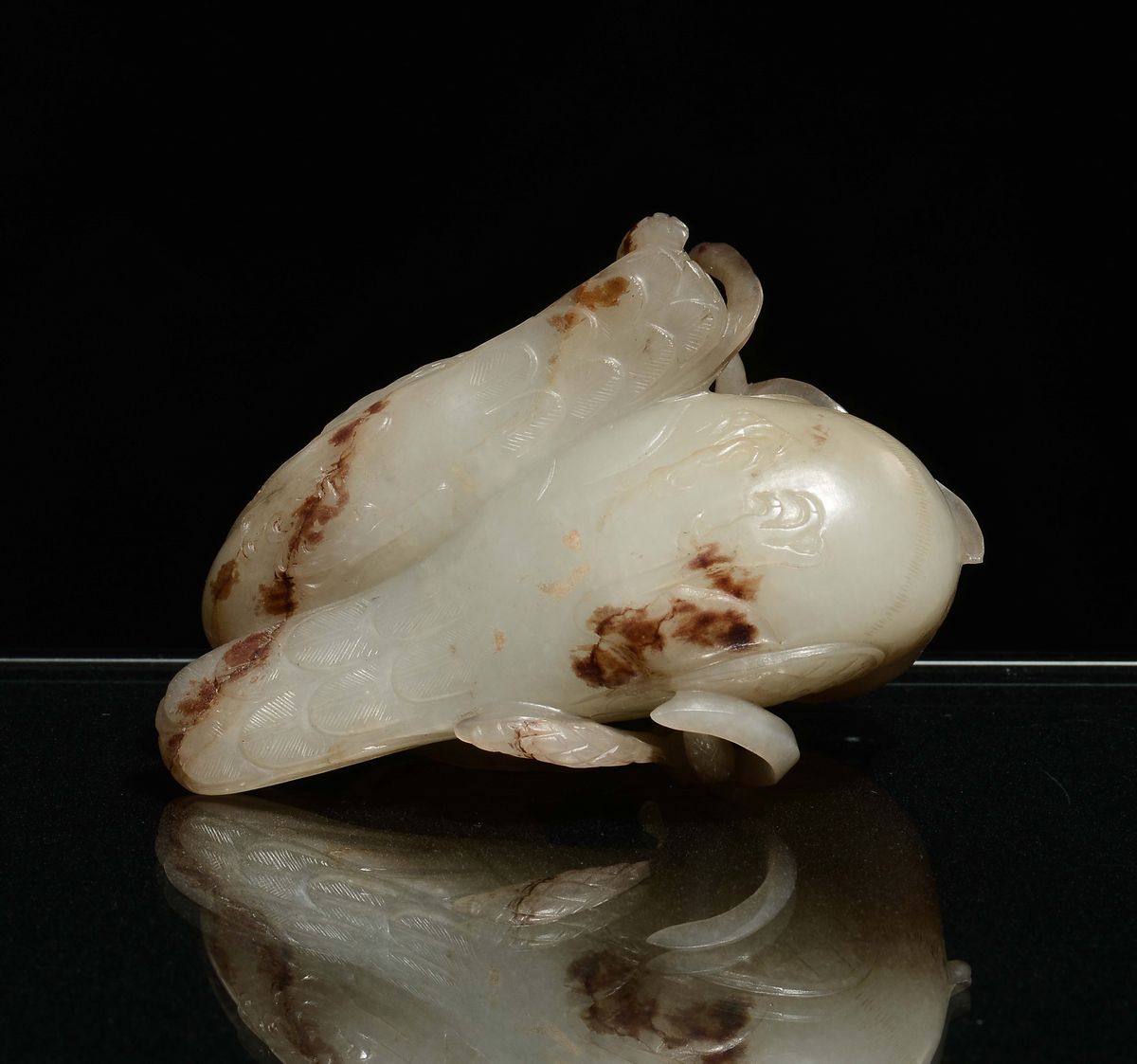Uccellini Finemente Scolpiti in Giada Bianca con Russet, Cina, Dinastia Qing, Epoca Qianlong (173...