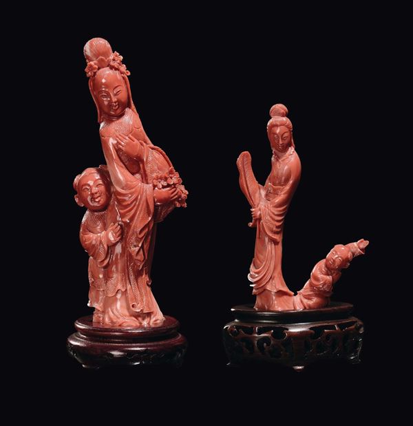A pair of Guanyin with boys corals, China, early 20th century