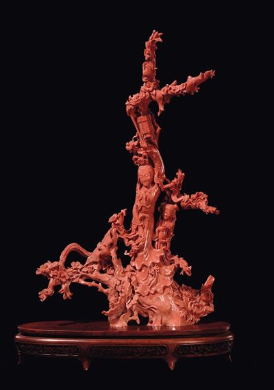 Gruppo in Corallo Raffigurante Guanyin con Bambina, Cina, Dinastia Qing, Fine XIX Secolo