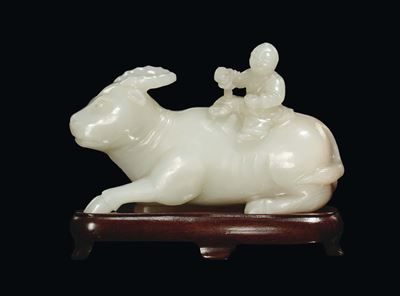 Scultura di Bue con Cavaliere in Giada Bianca, Cina, Dinastia Qing, XIX Secolo