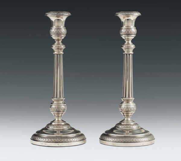 Coppia di candelieri in argento, bolli per il Regno di Sardegna in uso dal 1824 al 1872 e dell’argentiere