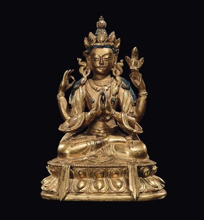 Scultura di Sadacasharilokeshvara in Bronzo Dorato, Tibet, XVII Secolo