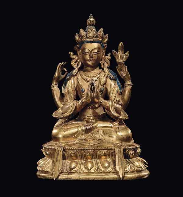 Scultura di Sadacasharilokeshvara in bronzo dorato, Tibet, XVII secolo