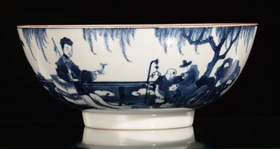 Grande Ciotola in Porcellana Bianca e Blu con Guanyin e Fanciulli, Cina, Dinastia Qing, Epoca Qia...