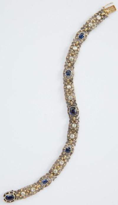 Bracciale a Maglia Traforata con Zaffiri, Quarzi Citrini e Diamanti Taglio Vecchio