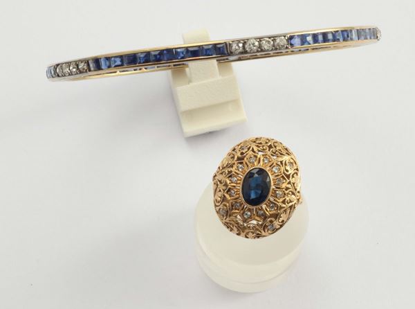 A gold, old cut diamond and sapphire bangle and ring