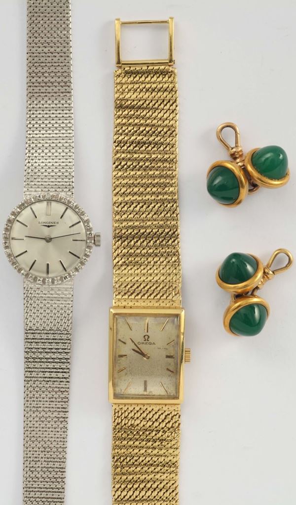 Lotto composto da due orologi Longines e Omega ed un paio di bottoni da polso in agata verde