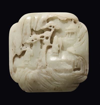 Scatolina in Giada Celadon Incisa con Raffigurazione di Paesaggio, Cina, Dinastia Qing, XIX Secol...