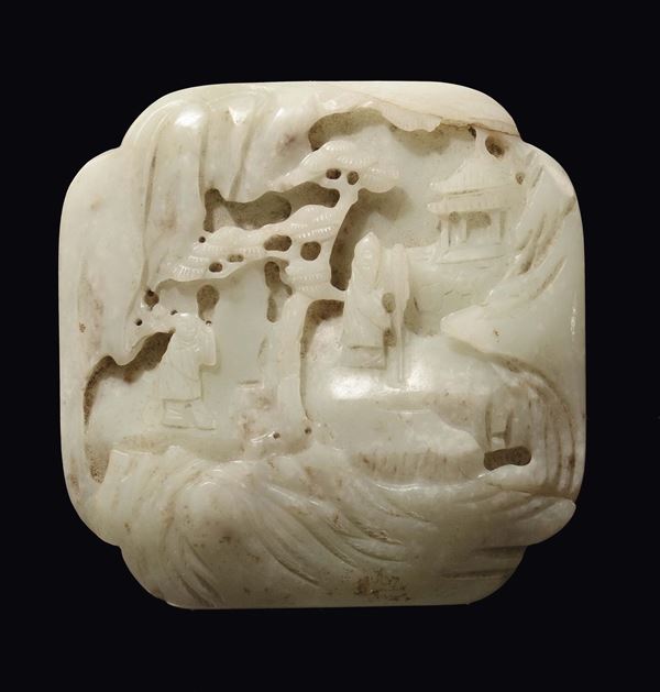 A small Celadon jade box with landscape engraving, China, Qing Dynasty, 19th century