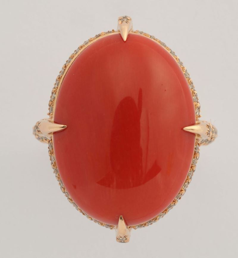 A cabochon coral and diamond ring. By Brarda  - Auction Fine Jewels - I - Cambi Casa d'Aste