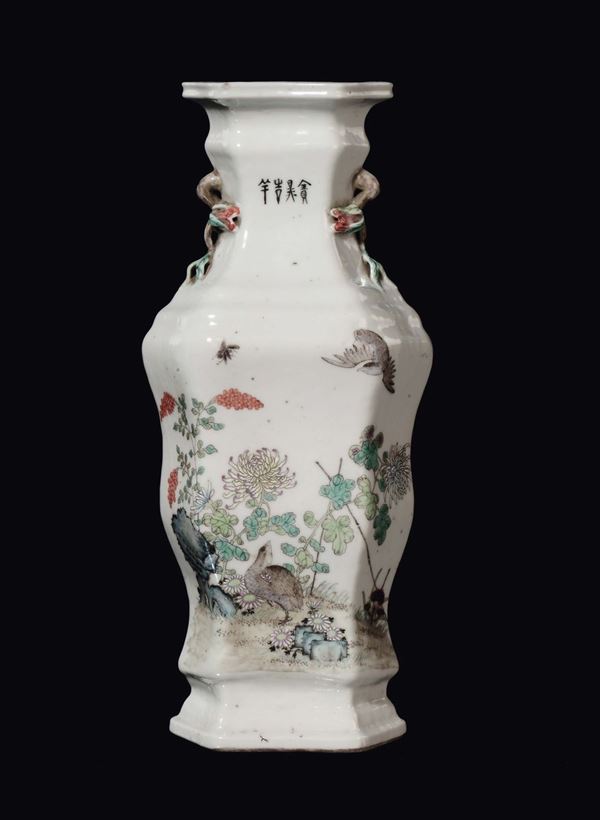 A polychrome porcelain vase with birds and inscriptions, China, Qing Dynasty, late 19th century