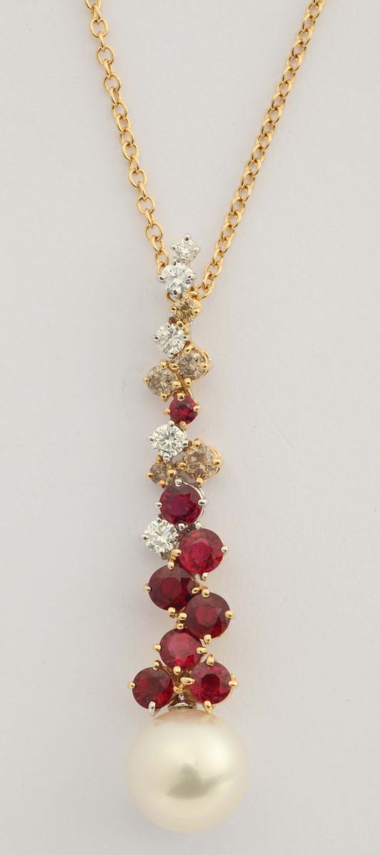 A ruby, pearl and diamond pendent. By Brarda