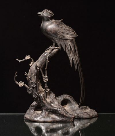 Gruppo in Bronzo Raffigurante Pavone, Giappone, Epoca Meiji, Fine XIX Secolo
