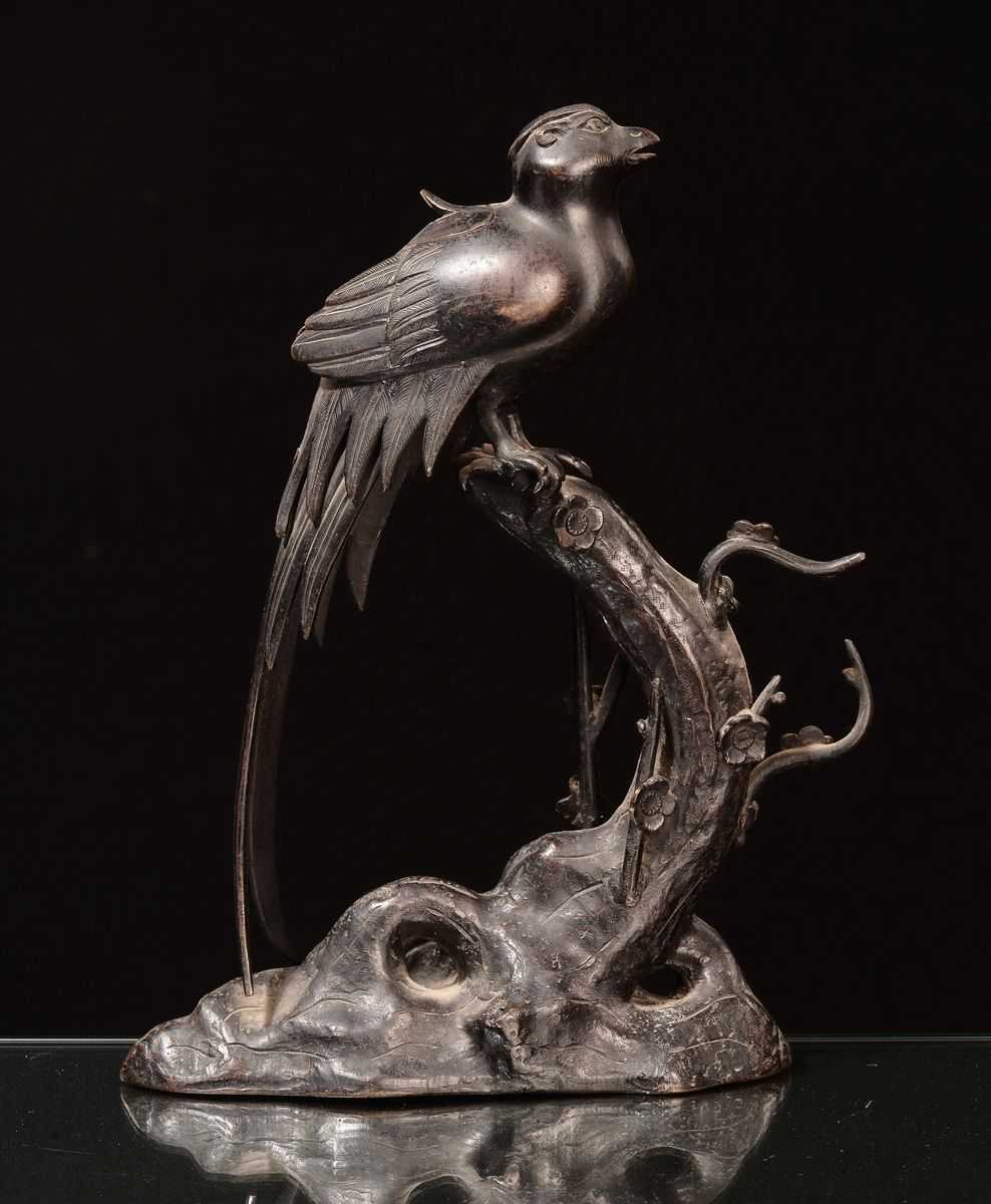 Gruppo in Bronzo Raffigurante Pavone, Giappone, Epoca Meiji, Fine XIX Secolo