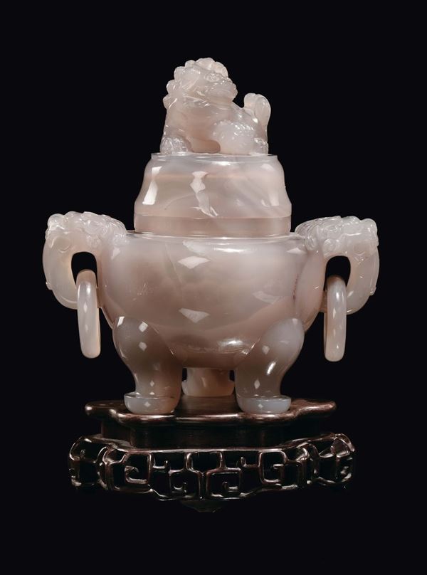 An agate incense burner and cover with Pho dog, China, Qing Dynasty, 19th century