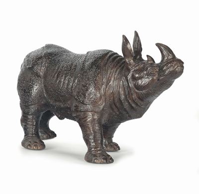 Scultura Raffigurante Rinoceronte in Bronzo Brunito, XIX Secolo