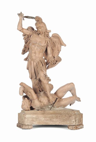Gruppo in Terracotta Raffigurante San Michele Arcangelo, Plasticatore Napoletano del XVII Secolo