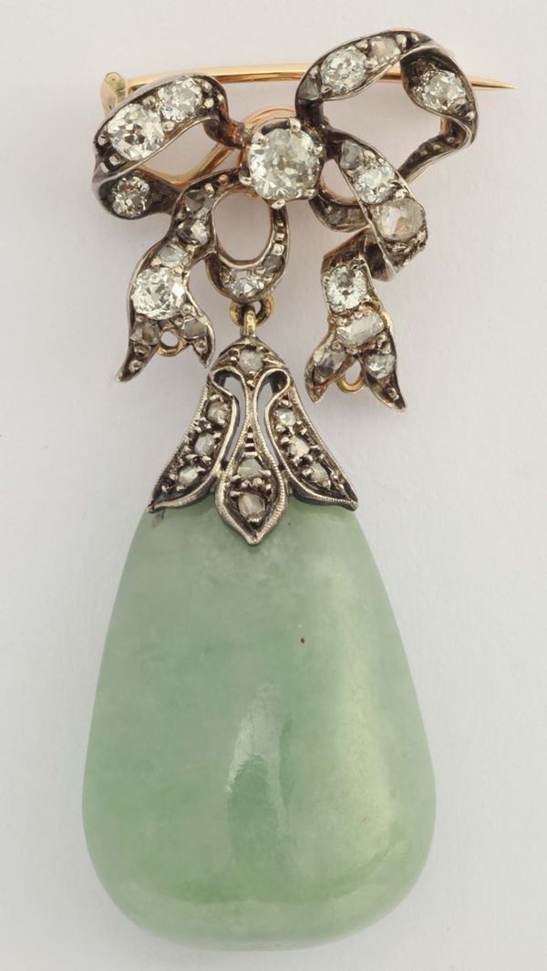 A jadeite and old cut diamond brooch/pendant