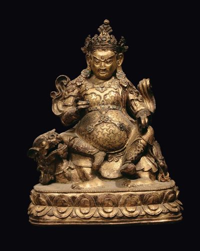 Bella Scultura in Bronzo Dorato Raffigurante Vaisravana su Cane di Pho, Tibet, XVI Secolo