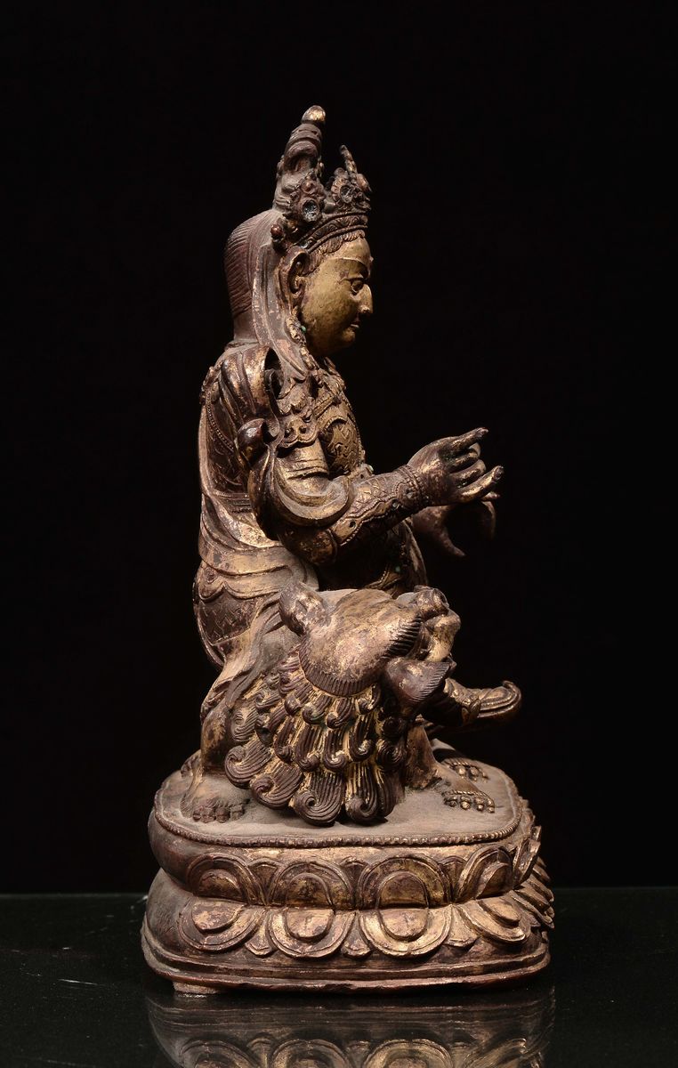 Bella Scultura in Bronzo Dorato Raffigurante Vaisravana su Cane di Pho, Tibet, XVI Secolo
