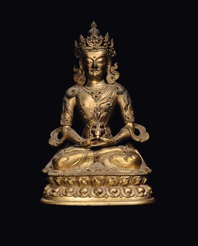 Figura di Amitaya in Bronzo Dorato, Cina, Dinastia Qing, Epoca, Qianlong (1736-1796)