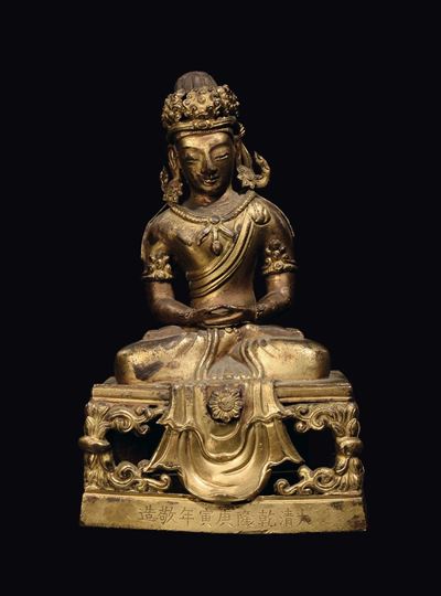 Amitaya su Trono in Bronzo Dorato, Cina, Dinastia Qing, Marca e del Periodo Qianlong (1736-1796)