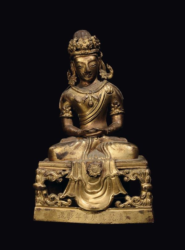 A gilt bronze Amitaya on throne, China, Qing Dynasty, Qianlong mark and of the period (1736-1796)