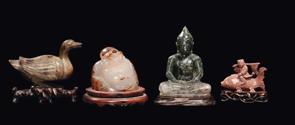 A lot formed by semi-precious stones duck, Amitaya, Buddha and boy on fish sculptures, China, Republic, 20th century