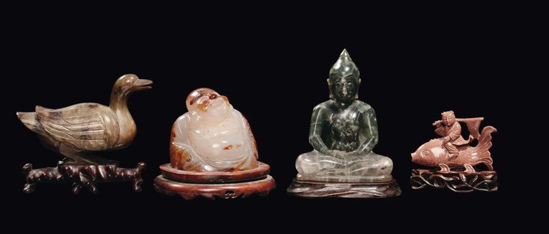 A lot formed by semi-precious stones duck, Amitaya, Buddha and boy on fish sculptures, China, Republic, 20th century  - Auction Fine Chinese Works of Art - II - Cambi Casa d'Aste