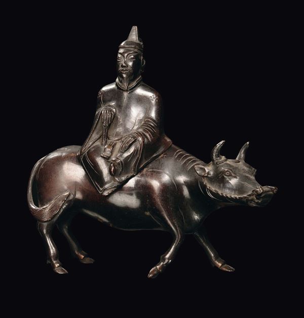 Scultura in bronzo raffigurante saggio su bufalo, Cina, Dinastia Qing, XVIII secolo
