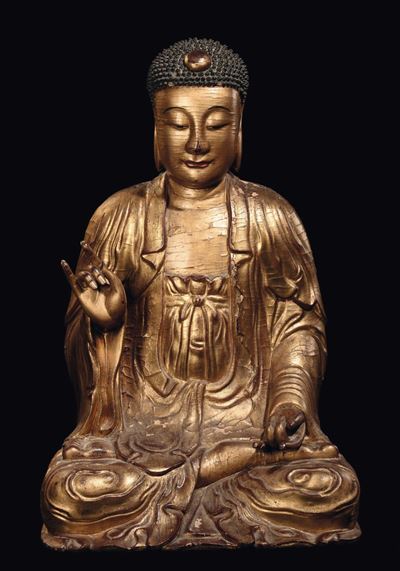 Importante Figura di Buddha in Legno Dorato, Cina,dinastia Yuan (1279-1368)