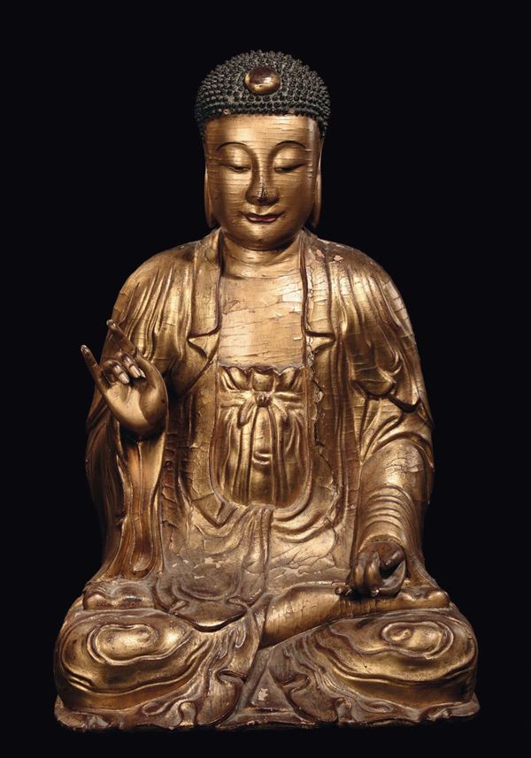 An important gilt wood Buddha, China, Yuan Dynasty (1279-1368)