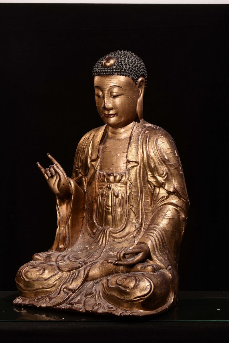 Importante Figura di Buddha in Legno Dorato, Cina,dinastia Yuan (1279-1368)