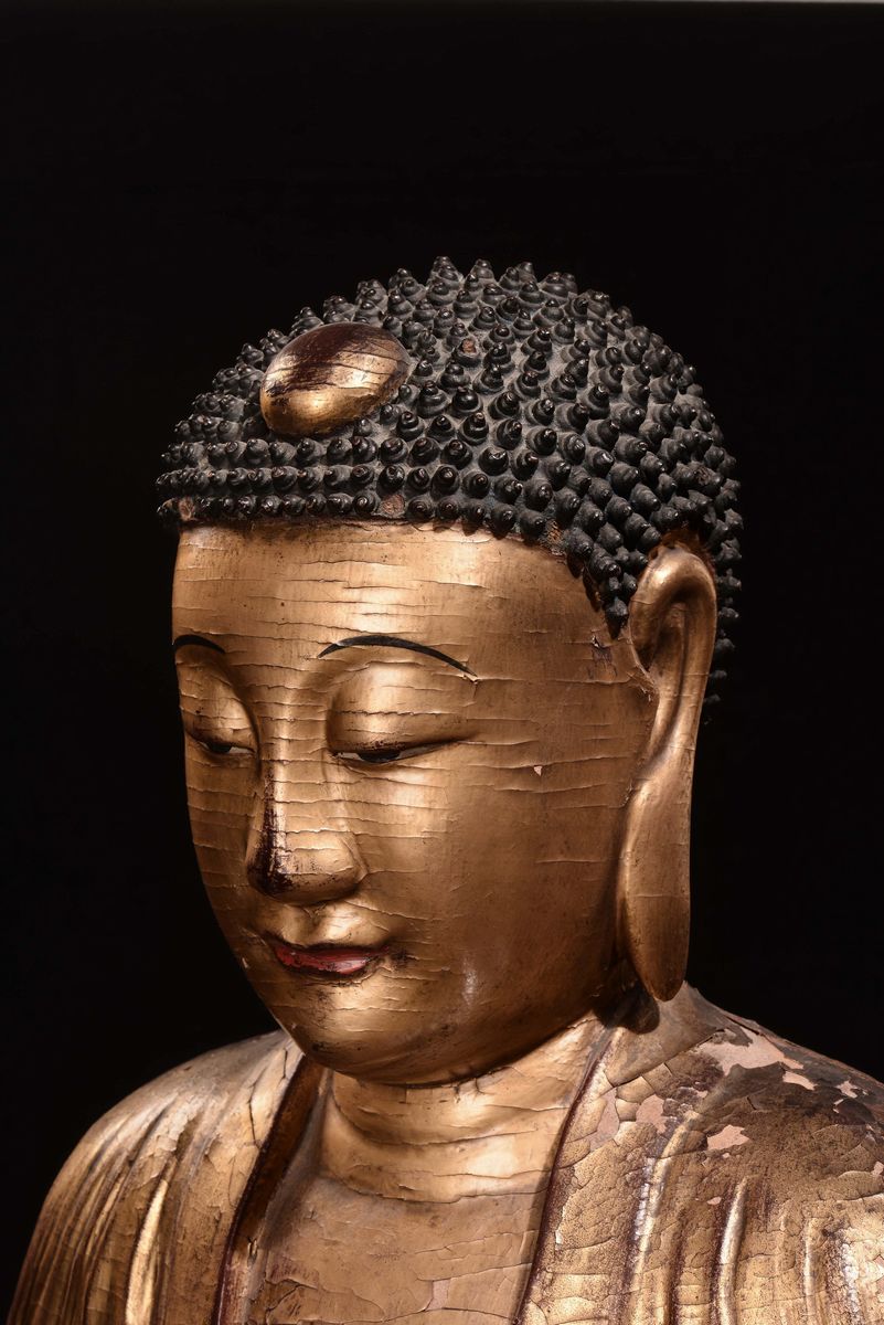 Importante Figura di Buddha in Legno Dorato, Cina,dinastia Yuan (1279-1368)
