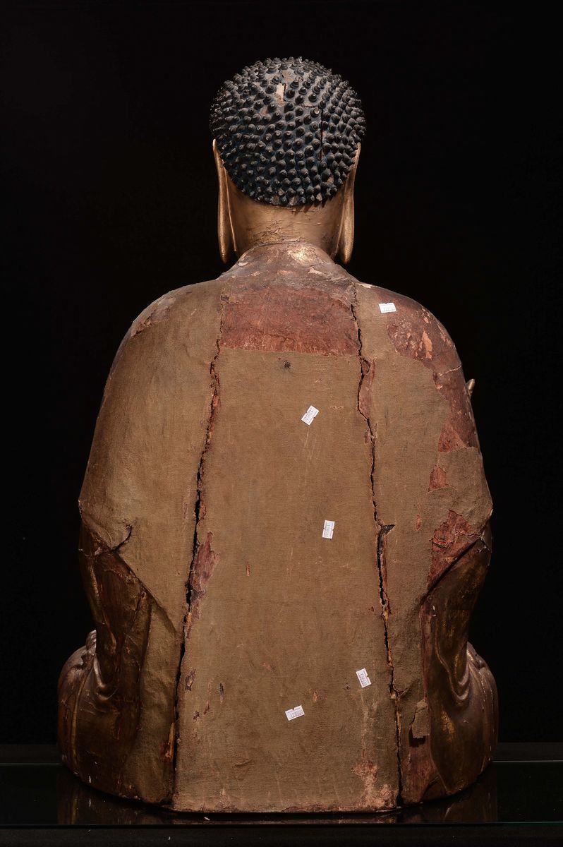 Importante Figura di Buddha in Legno Dorato, Cina,dinastia Yuan (1279-1368)